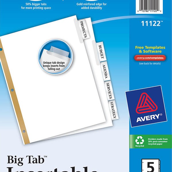 Avery® WorkSaver® Big Tab™ Insertable Dividers, 5Tab Set11122 Avery
