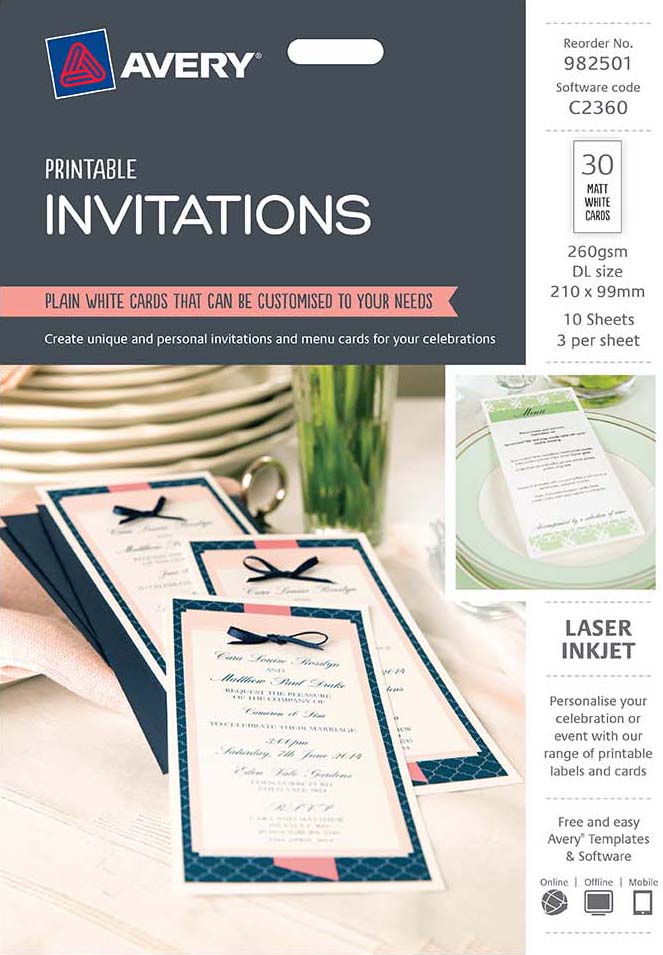 Avery White Printable Invitation Cards DL Size 982501 Avery Online Singapore